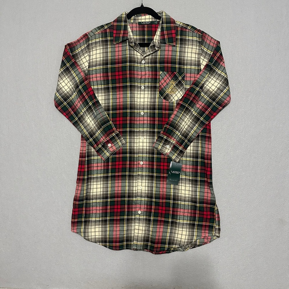 Lauren Ralph Lauren Plaid Nightshirt Red Green Crest Sleepwear Mens Medium New